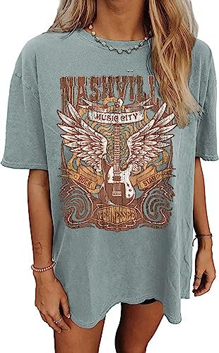 Nashville Music City T-Shirt Frauen Country Music Oversized Shirts Rock Band T-Shirt Vintage Gitarre Flügel Grafik Tees, Grün , X-Groß