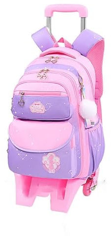 CCBZLY Trolley Rucksack mit 6 Rollen, Leichte Schulrucksack zum Rollen für Mädchen,Ranzen mit 3 Fächern, gepolsterten Trägern, Teleskopgriff und Rädern für Mädchens und Kinder