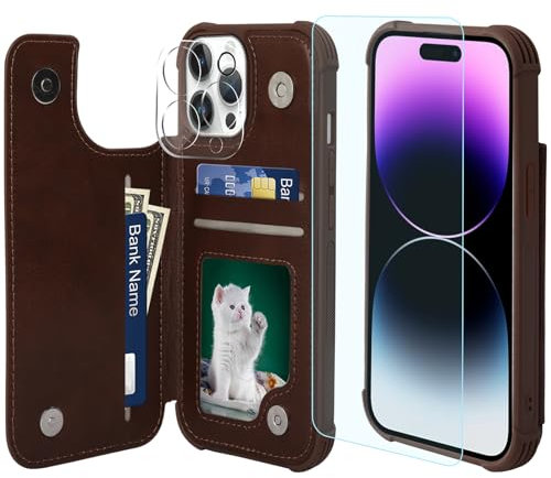 VANAVAGY Wallet Case Compatible for iPhone 15 Pro Max,Leather Flip Folio Shockproof Phone Cover Fit Magnetic Car Mount [Screen Protector Included] with Credit Card Holder, brown