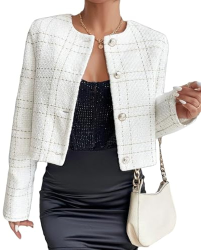Mina Self Blazer Printemps 2026 pour Femme en Tweed – Veste de Bureau décontractée à Carreaux sans col Ouverte sur Le Devant avec Poches, Blanc, Large