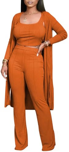 3-teiliges Damen-Outfit, vorne offen, gerippt, bauchfrei, Tank-Top, breite Beine, Hose, Duster, Lounge-Sets, 9459, Orange, XXL
