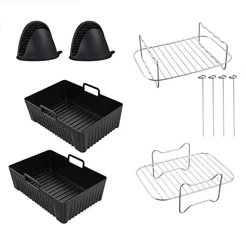 4EVA4 - Ninja Air Fryer Accessories Set - Reusable Silicone Liners, Cooking Racks, Kebab Skewers, Silicone Oven Mitts - Set of 6 - AF400UK, AF300UK & AF451UK - Complete Ninja Air Fryer & Foodi Max Kit