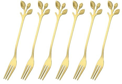 QUARKZMAN 6Stk Edelstahl Blatt Aperitifgabel 4.8 Geschirr Dessert Gabel Cocktail Picks Mini Torte Obst Gabel für Haus Party Gold