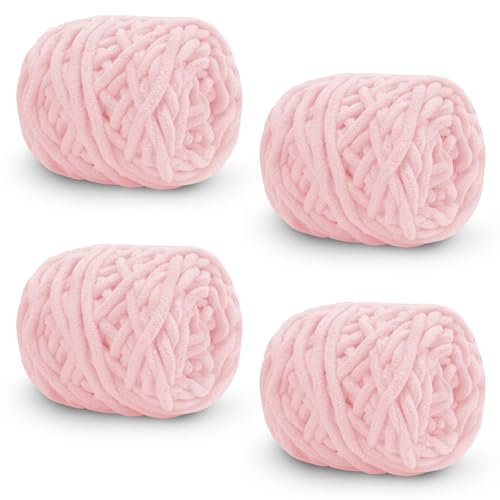 Uiopa Pelote de Laine 4 x 100g, Fil Crochet Grosse Laine à Tricoter à La Main, Laine Douce au Crochet pour Couvertures, Pulls, Écharpes, Chapeaux, Bricolage (Rose Clair)