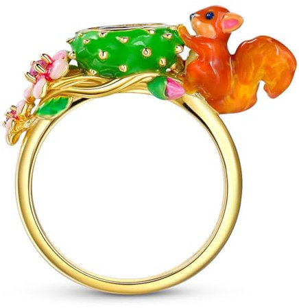 Jeulia Eichhörnchen mit Blumen-Emaille-Sterlingsilberring, 925er-Sterlingsilber, Verlobungs-, Jubiläums-, Versprechensringe mit Schmuckschatulle für Geburtstag, Valentinstag (Gelbes Gold, 59(19))