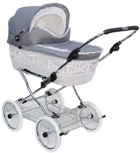 EICHHORN Kinderwagen Weidenkorb - Kinderwagen aus echter Weide, handgeflochten, Korb Weiß, Stoff Grau