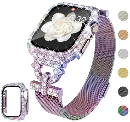 WINGLE Milanese Loop for Apple Watch Bands Women 40mm SE 3/2/1 Series 6 5 4 Slim Magnetic Metal Mesh Band with Bling Glitter Case Screen Protector Dressy Apple Watch Band iWatch Strap, Iridescent