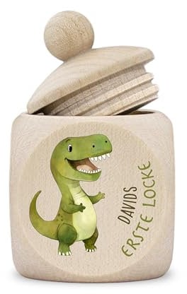 Dose erste Locke Junge modern Holz personalisiert Druck Name Dino Dinosaurier
