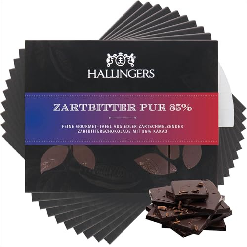 Hallingers Genuss Manufaktur Vegane Schokolade Geschenk - Tafel handgeschöpfter Edelkakao ohne Alkohol edler Karton 10x Zartbitter Pur 85% Pur 85%, Geschenkidee für Frauen Männer