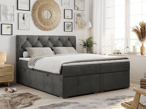 MKS MEBLE Boxspringbett 120x200 cm mit Matratze und Topper T25, Boxspringbett mit Bettkasten und Kopfteil - Alda - H3 Dunkelgrau Velvet