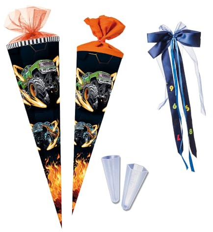 Nestler Schultüten-Set zum Befüllen, Handgemachte Zuckertüte aus Karton - Motiv Monstertruck on Fire, Schultüte, Spitzenschutz, Schleife (70 cm rund)