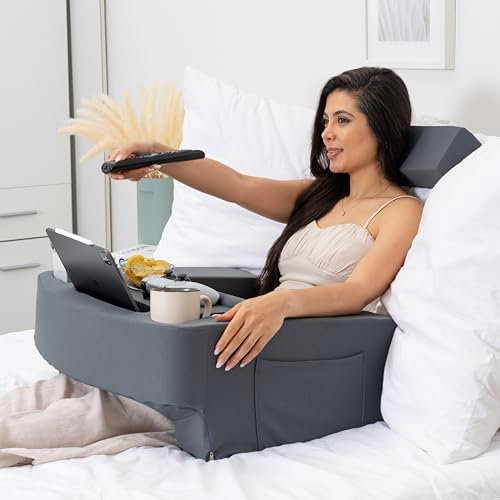 TabCouchCaddy Reading Pillow for Gaming – Extra Large Lap Desk & Arm Rest with Cup & Phone Holder, Adjustable Heights, Laptop Support, Large Pockets – Comfortable for Work, Gaming & Crocheting (Grey)
