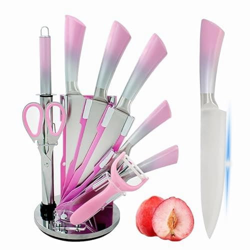 Messerset mit Messerblock Set, 9-Teiliges Küchenmesser Set mit Drehbare Acryl Messerblock, Sharp Antihaft Beschichtete Kochmesser Block Set mit Schärfer,Geschenk für Mädchen (Rosa)