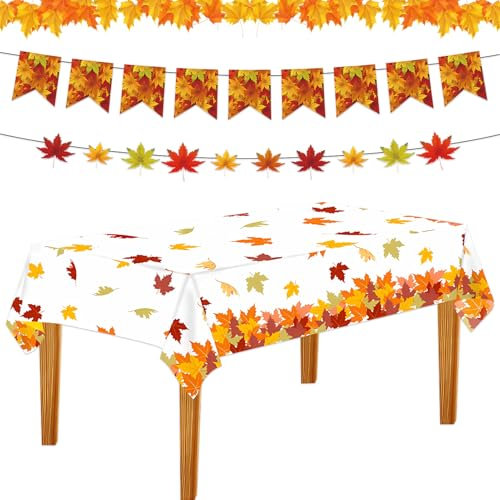 Lets Joy Herbst Tischdecke, 137x 274cm Herbst Tischwäsche, 2PCS Herbst Girlande, Thanksgiving Kunststoff Tischdecken, Ahornblatt Banner, Kürbis Erntedankfest Herbsternte Party Dekorationen