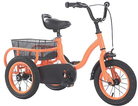 12 Zoll Dreirad für Kinder ab 2-5 Jahre, 3 Räder Kinderfahrrad mit Korb, Bremsen für Jungen Mädchen, Leichtes Lauflernrad, Höhenverstellbar (Orange)