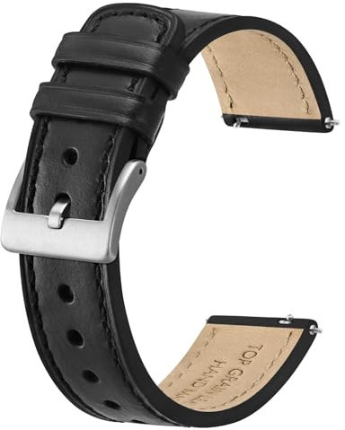 BISONSTRAP Leder Armband, Klassisches Ölgewachstes Leder, Uhrenarmband für Herren und Damen, Schnellverschluss, 18mm, Schwarz (Silberne Schnalle)