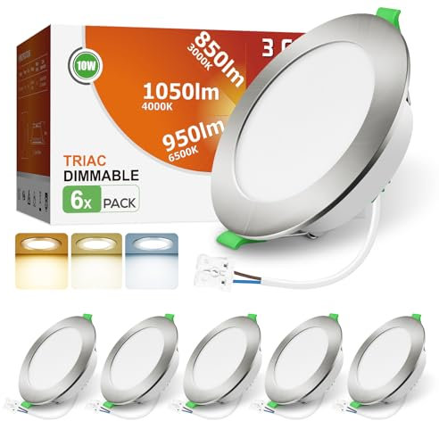 ALUSSO LED Einbaustrahler 230V Dimmbar 10W 1050LM Spots Flach 3CCT 3000K Warmweiß 4000K Neutralweiß 6500K Kaltweiß IP44 Einbauleuchten für Badezimmer Küche Wohnzimmer, Gebürstet Nickel, 6er Set