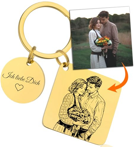 Anhänger mit Fotogravur Personalisiertes Schlüsselanhänger mit Gravur | Edelstahl, Allergikerfreundlich, Rostfrei | Geburtstag, Partner und Familie | Gold | Fotogeschenk