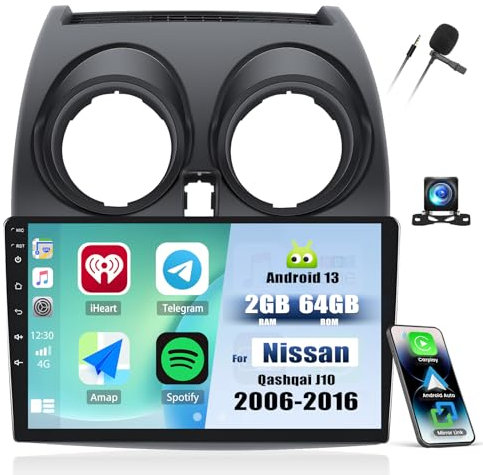 SIXTOP Autoradio Android 13 con Bluetooth per Nissan Qashqai J10 2006-2016 con Carplay Android Auto, 9 con GPS WiFi FM/RDS EQ Mirror Link+telecamera posteriore e microfono