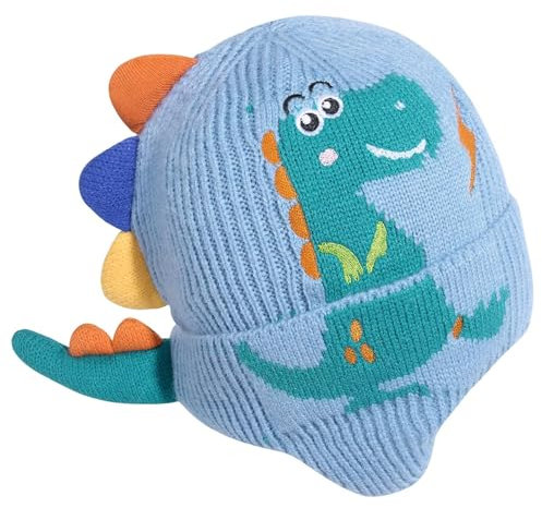 Landofgenie Strickmütze Beanie für Herren & Damen, Warme Wintermütze, Dehnbare Unisex Thermo-Mütze mit Dino-Design Hellblau