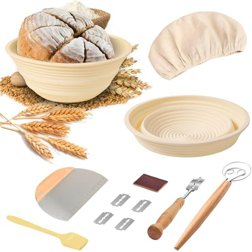 Kazaigou Sourdough Starter Kit - Silicone Proofing Basket 9 Inch Round & 10 Oval, Complete Sourdough Bread Baking Supplies with Bread Sling, Lame, Danish Dough Whisk, 24Oz Starter Jar
