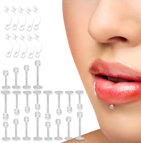GGUFAY 30 Pcs Piercing Plastique Retainers Piercing Transparent Invisible Nez Labret Oreille Nombril Lèvre Septum Helix Silicone Barre Langue Téton Tragus pour Opération IRM