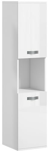 kleankin Mobile Bagno a Parete Salvaspazio con 2 Ripiani Regolabili, 2 Armadietti e Scaffale Aperto, Mobiletto Bagno Salvaspazio e Sospesa in Legno, 30x30x131.5 cm, Bianco Lucido
