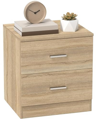 HOMCOM Mesita de Noche Moderna Mesilla de Noche con 2 Cajones Mesita Auxiliar para Salón Dormitorio Carga 30 kg 45x39,5x49 cm Natural