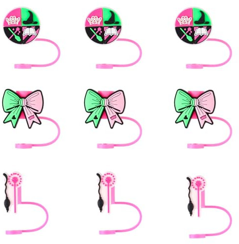 SAVITA 9pcs Witch Straw Toppers for Stanley Cup 30&40oz, PVC Silicone Reusable Witch Straw Covers Practical Cup Accessories for Travel Party Office Hiking (Pink, Green)