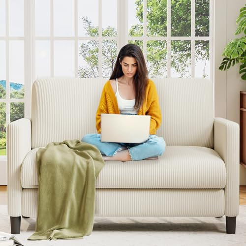 Sofa 2 Sitzer Klein, 130cm Cord Mini Couch Klein, Gemütliches kleines Sofa für Jugendzimmer, Werkzeugfreies Aufstellen von Minisofa, 2er Sofas und Couchs aus Vollholz, Kleine Sofas Wohnzimmer, Beige
