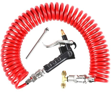MUYI Air Gun Blower Duster Cleaning Kit for Heavy Duty Truck with 29.5ft/ 9 Metres Long Coil Pneumatic PA Hose and 2 Interchangeable Nozzle Tips (Red)