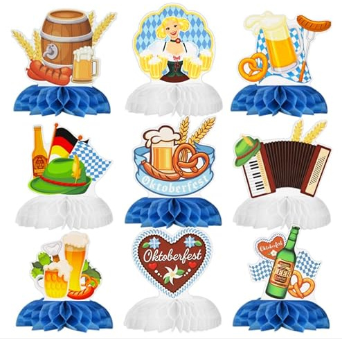 9 Stück Bierfest Deko Set, Bayerische Deko 3D | Bierfest Deko Bienenwaben für Bierfestparty, Bierfest, Gartenparty uvm