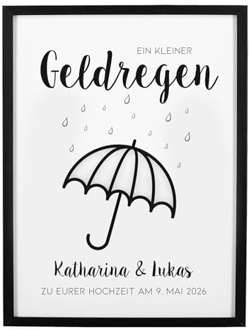 Herz & Heim® Personalisierter Bilderrahmen als Geldgeschenk „Ein kleiner Geldregen“ – Geschenkidee mit Poster 30x40 cm – Rahmen in 3 Farben – Geschenk zu Hochzeit, Geburtstag, Weihnachten (Schwarz)