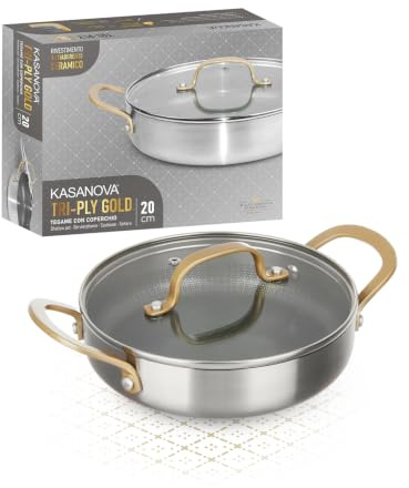 KASANOVA 1 20 cm dreilagiger, Goldener Kochtopf mit Deckel, 18/0 Rohaluminium 18/10 Edelstahl