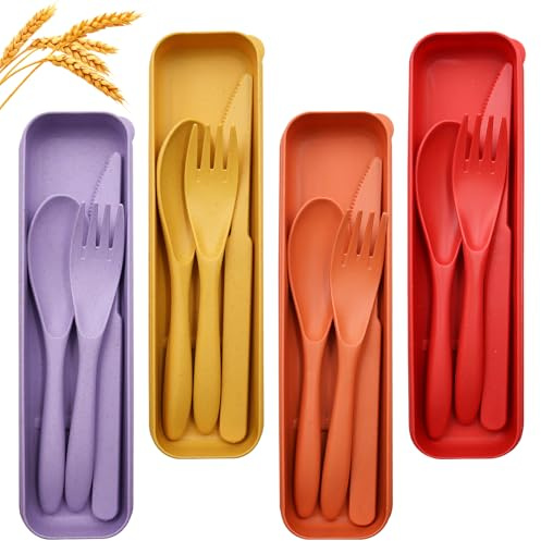 OMJMYY 4 Set di Posate con Custodia Portaposate da Viaggio Riutilizzabili Posate Plastica Rigida Lavabili Portatile Posate da Campeggio Set di Coltello Cucchiaio e Forchetta per Uso Quotidian Picnic