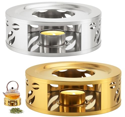 2 Stück Stövchen Für Teekanne, Stövchen Aus Edelstahl, stövchen Teewärmer, Teewärmer, Kaffeewärmer Aus Edelstah Zum Erhitzen Von Heißen Getränken,Tee,Milch(15 X 5.5cm) (Gold+ilber)