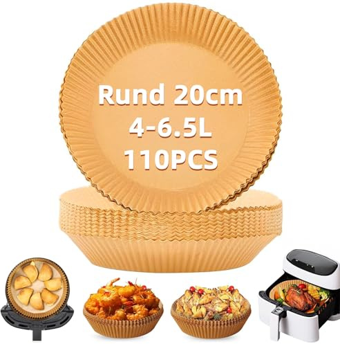 110 Stück 20cm Backpapier für Heißluftfritteuse, Rund Airfryer Backpapier mit Doppelkammer, Airfryer Zubehör, Pergamentpapier Luftfritteuse Liners, Disposable Paper für Ofen und Air Fryers