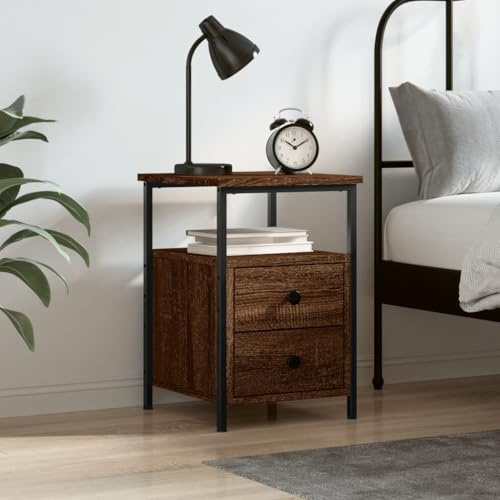 HETFTJN Nachttisch Braun Eichen-Optik 34x35,5x50 cm Industrial Holzwerkstoff mit Eisenrahmen verstellbare Füße Modern & Stabil Nachttisch schmal kompakt Beistelltisch für Schlafzimmer Wohnzimmer