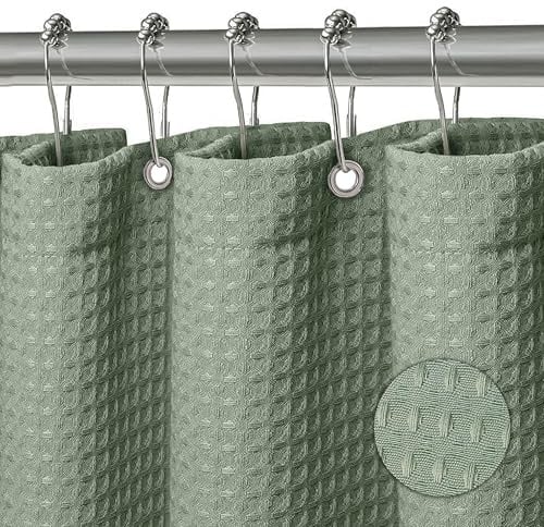 KAIMEIYU Duschvorhang Waschbar Textil Polyester Stoff Bad Vorhang mit 12 Metall Duschvorhangringen Wasserdicht für Dusche und Badewanne 180 x 180 cm Waffel Grün