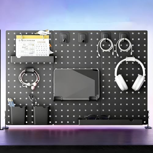MMXYNXYD Desk Clamp-On Peg Board, Desk Organizer and Storage Pegboard with Accessories for Home, Gaming Room, Office, Study Room, Black, 24.5 x 16.5 in