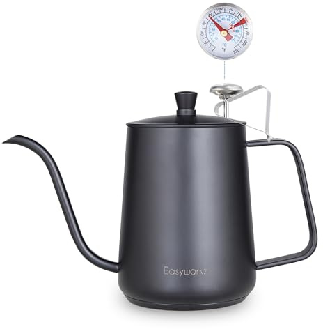 Easyworkz Hervidor de café con cuello de cisne de 900 ml con termómetro Cafetera de goteo manual de acero inoxidable con boquilla larga y estrecha, adecuada para cocinas de inducción
