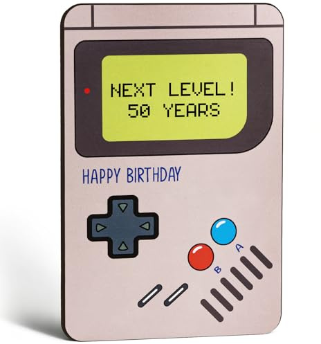 Giftota Geburtstagskarte 50 aus Holz mit Umschlag, Retro Gaming Design, lustige Karte zum 50. Geburtstag Mann oder Frau, Geschenk 50 Geburtstag für Gamer und Zocker