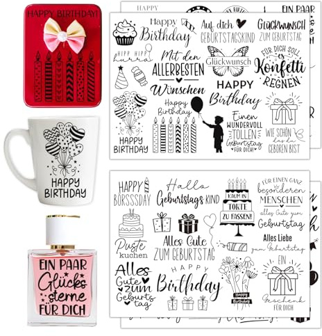 Rub On Sticker Geburtstag Happy Birthday Schriftzug Geburtstagskuchen | Aufkleber mit Motiv, Easy Rub Folie zum Bedrucken, Deko zum Kleben für Glas, Fotoalbum & Geschenke Schwarz
