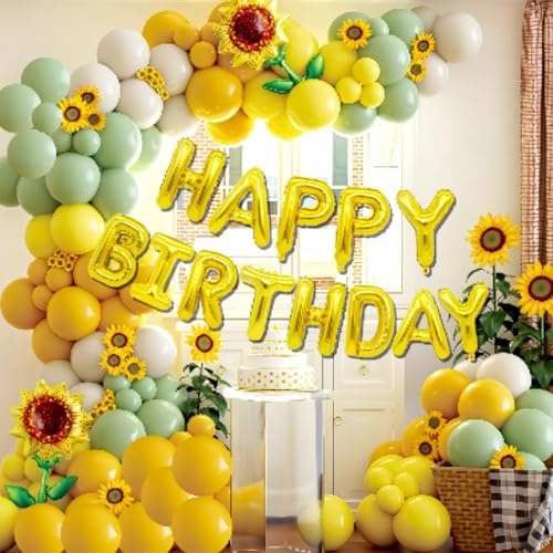 KUKUTrue® Balloon Garland, Easter Balloon Arch, Spring Sunflower Happy Birthday Balloons, 73-Piece Yellow Green White Balloons Arch Kit, Bright Garden Style Birthday Decoration for Party