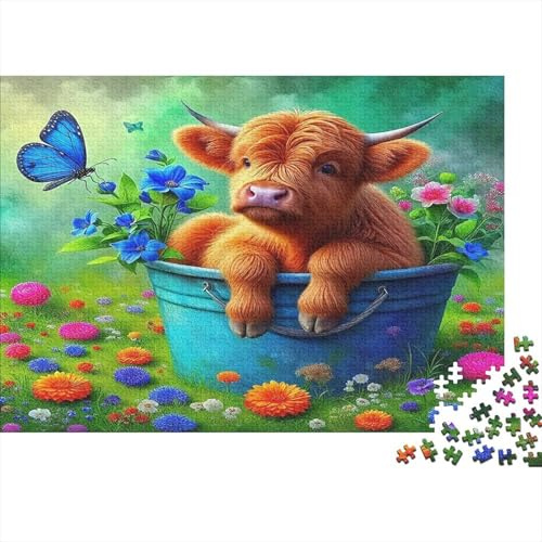 Highland Cattle Eco-Friendly Educational Jigsaw Puzzle Puzzle Premium Colourful Calf in Flower Pot for Women Gifts for Men 70x50cm/1000pcs