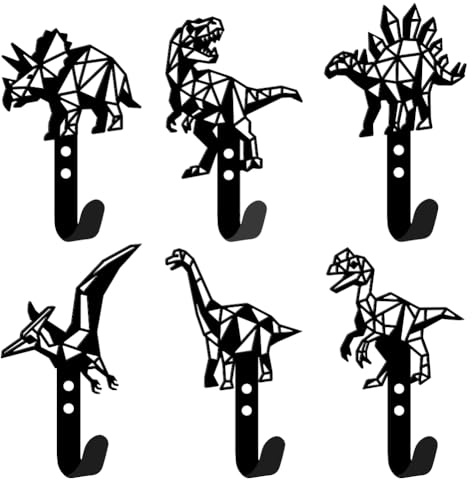 DELORIGIN 6 Stück Verschiedene Dinosaurier Schlüsselhalter für Wand Mini Wandmontierte Schlüsselhaken Schwarzer Eisen Schlüssel Haken Racks für Mäntel Handtücher Hundeleine Eingang Wohnzimmer