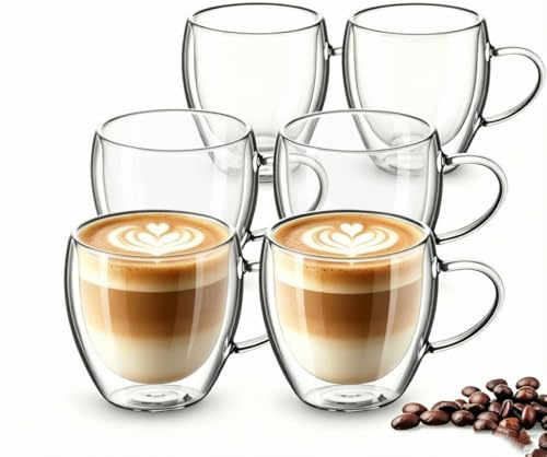Double Walled Insulated Glass Cups, 6 x 80ml Espresso Cups with Handles, Cappuccino Mugs, Insulated Coffee Cups, Clear Glass Cup for Lattes, Hot Tea, Milk, Cold Drinks