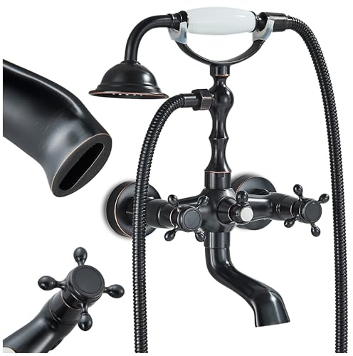 Wandbatterie Retro für Badewanne - Messing, Keramische Kartusche, Schwenkbare Auslaufdüse, Handbrause, Vintage Stil (Schwarz/Keramik)