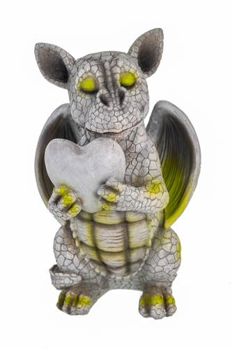 Kremers Schatzkiste Drachenkind verliebt mit Herz - Süße Gartendekoration aus Polyresin Gartenfigur Drache Figur Liebe Deko