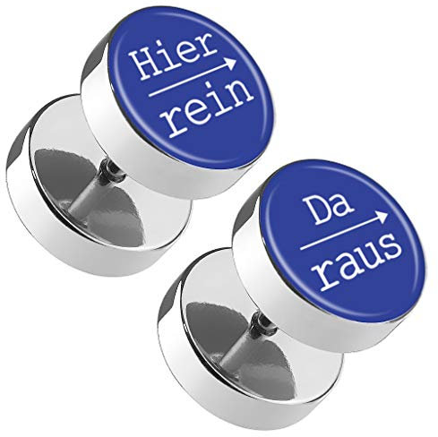 Piercingfaktor Runde Ohrringe Ohrstecker Fake Piercing Ohr Plug Flesh Tunnel Edelstahl Platte Stecker Spruch Hier rein, Da raus 12mm Blau